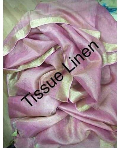  Plain Pink Tissue Linen Saree, Saree Length : 6.4 m