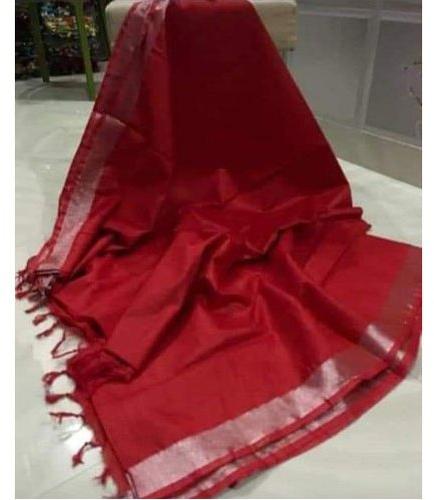  Plain Red Tissue Linen Saree, Saree Length : 6.4 m