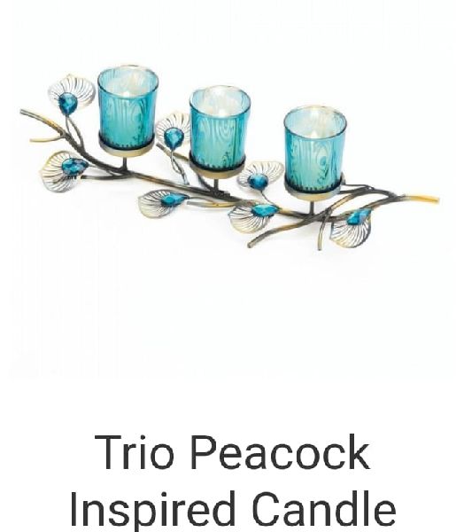 Polished Metal Peacock Inspired Candle Trio, Color : Multicolor