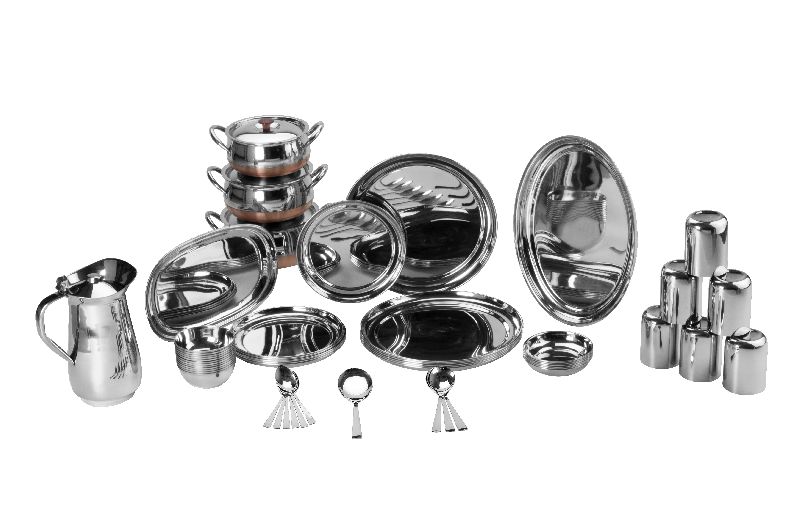 Round Stainless Steel Rajbhog Dinner Set, for Home Use, Hotels, Pattern : Plain