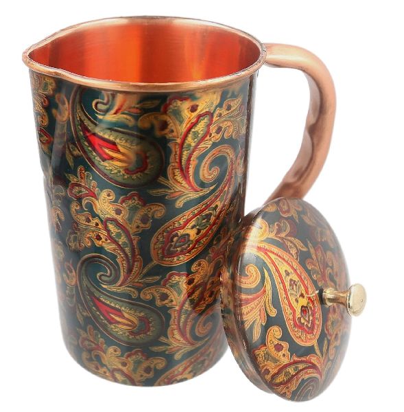 Copper Printed Jug, for Water Storage, Shape : Round