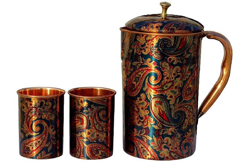 Round Copper Printed Jug & Glass Set, for Water Storage, Color : Multicolored
