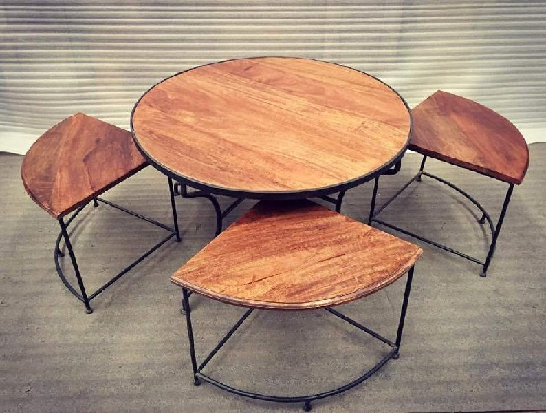 Polished Wood Round Dining Table Set, for Home, Hotel, Restaurant, Color : Multicolor