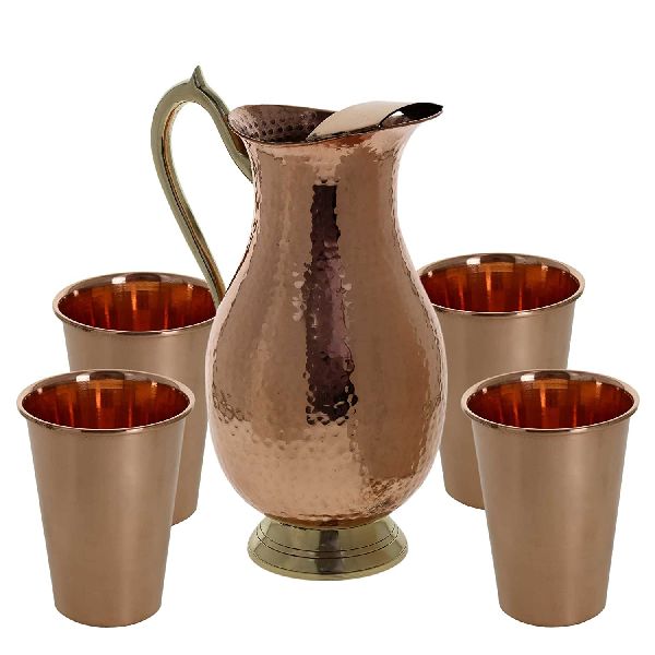 Round Copper Muglai Jug Set, for Water Storage, Color : Brown