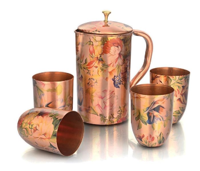 Round Copper Printed Jug and Glass Set, for Serving Water
