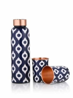 Printed Copper Bottle and Glass Set, for Gift Purpose, Drinking Water