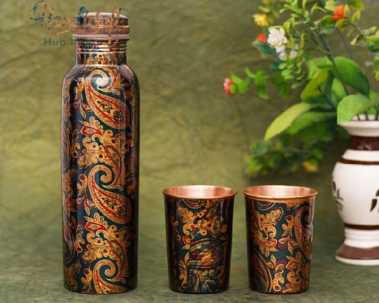 Printed Copper Bottle and Two Glass Set