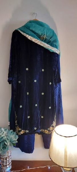 Blue Velvet Hand Embroidered Suit, Feature : Easy Washable, Eco Friendly