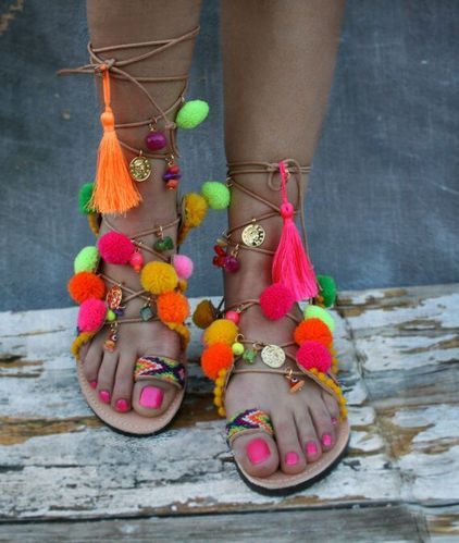 Beach Pompom Boho Sandals, Feature : Colorful Tassels, Lace, Light Weight Sole.