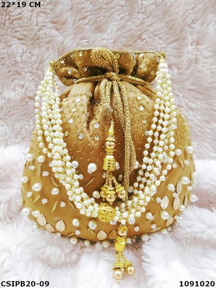 Golden handcrafted embroidery potli bag, for Jewellery Use, Party wear, Pattern : Plain