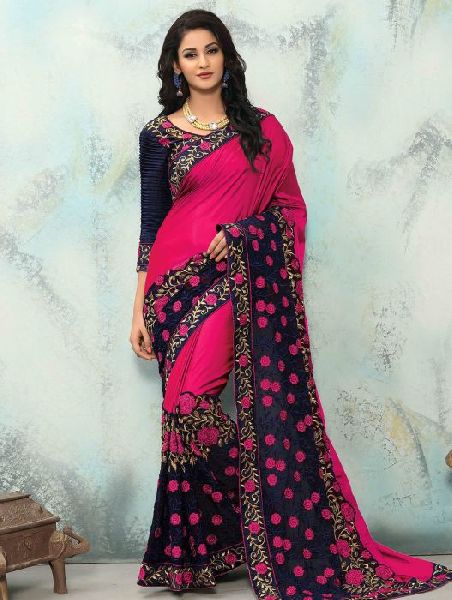 Embroidered Saree, Occasion : Party Wear, Casual Wear, Wedding Wear, Festive Wear