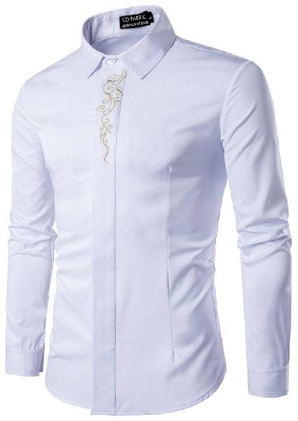 Slim Standing Mens White Cotton Shirt, Pattern : Self Design ( some embroidery)