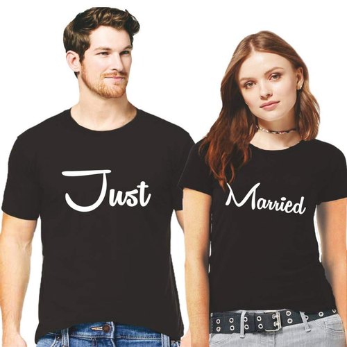Round Neck Just Married Couple T-Shirt, Occasion : Casual Wear