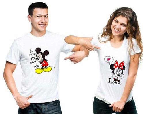 Mickey and Minnie Couple T-Shirt, Design : Printed, Occasion : Casual ...