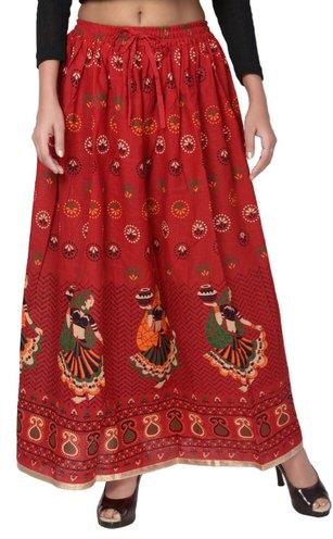 Cotton printed skirt, Color : Red