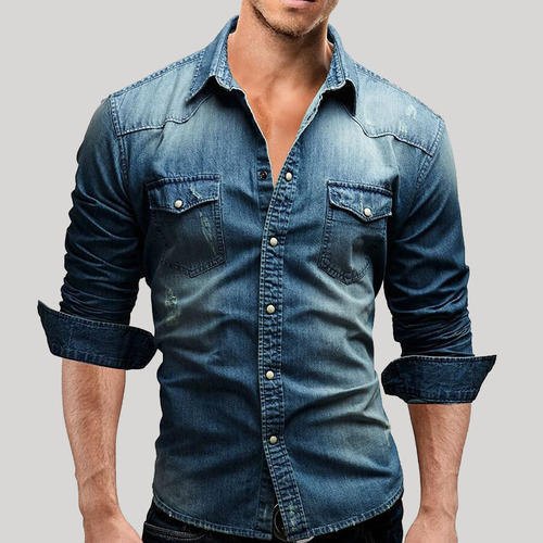 Long Sleeve Mens Denim Shirts, for Breathable, Pattern : Plain
