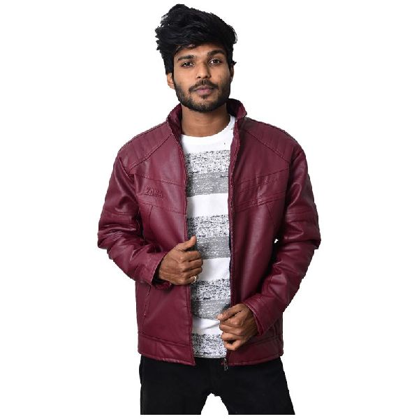 Men's Stylish Leather Jacket - Burgundy, Size : XL