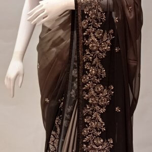 Embroidered Brownies Grey Georgette Saree, Occasion : Casual Wear, Party Wear