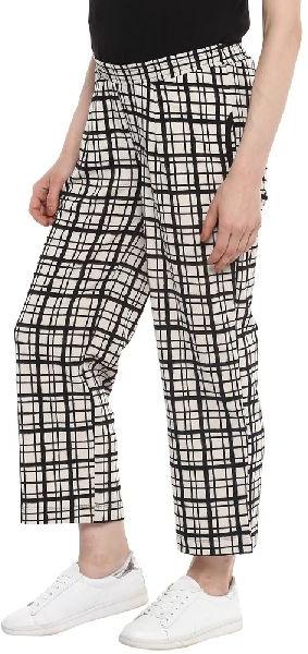 Straight Fit Cotton Checkered Ankle Length Trousers, Color : White, black