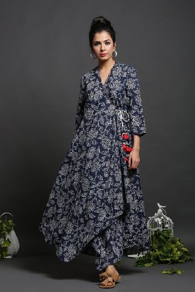 DOUBLE LAYERED BLUE COTTON PRINTED DRESS