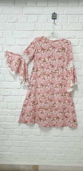 PEACH FLORAL PRINTED DRESS WITH BELL SLEEVES