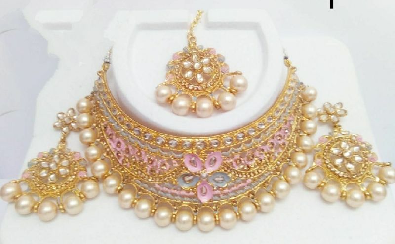 Praraj Jewels Brass Mint Meena Choker Necklace, Packaging Type : Plastic Box, Plastic Packet, Carton Box