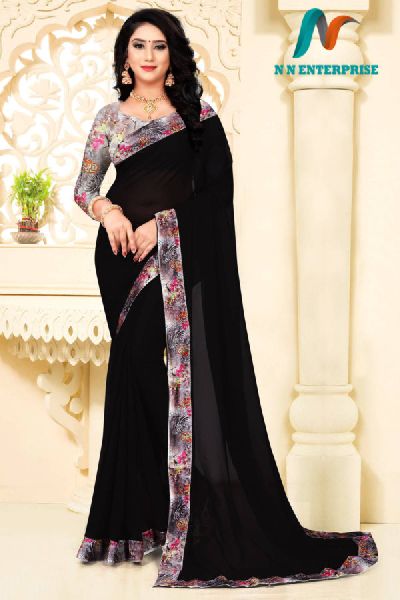 Black Georgette Digital printed Border Saree