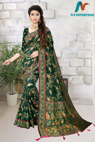 Dark Green Lichi silk weaving jacquard Saree