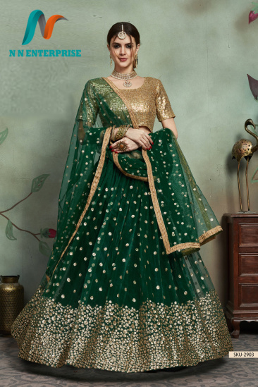 Dark green Soft Net Sequins Embroidered Lehenga