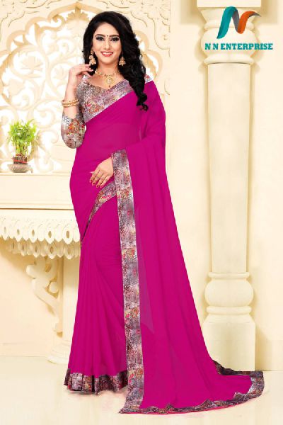 Dark Pink Georgette Digital printed Border Saree