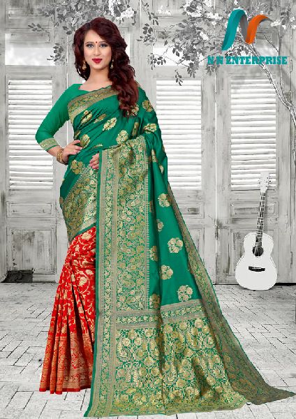 Green & Red Silk With Golden Weaving jacquard Saree