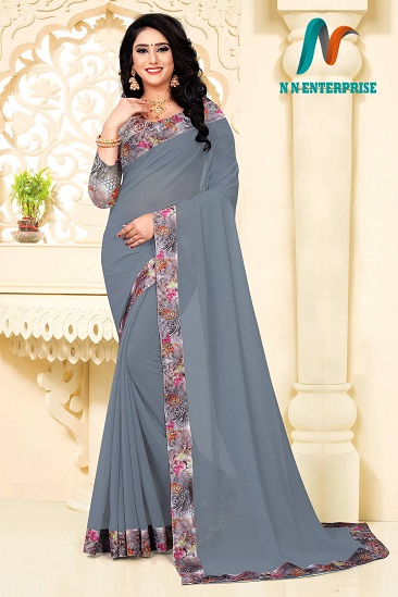 Grey Solid Georgette with Digital printed Border Saree