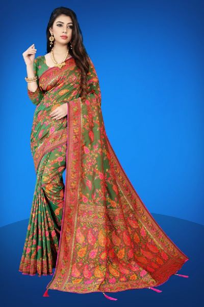 Lichi silk Mahendi & Red weaving jacquard Saree