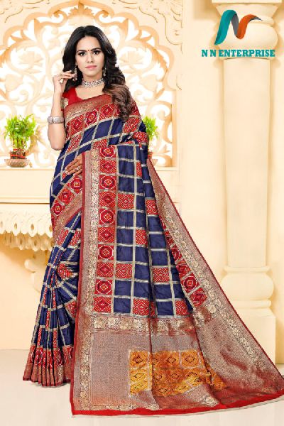 Red & Navy Blue Lichi silk weaving jacquard Saree