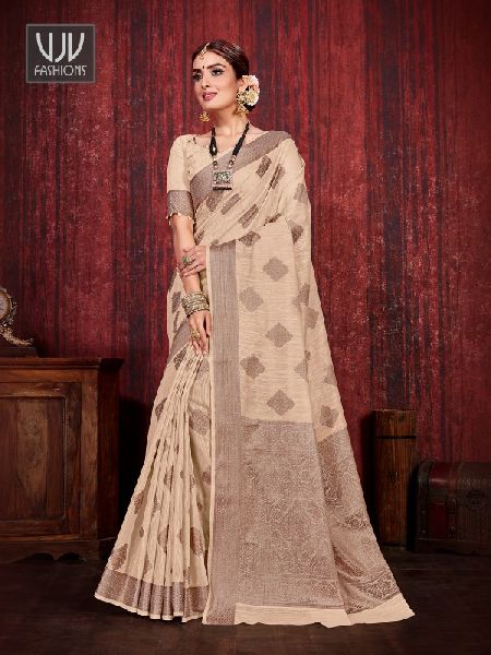 Beige Color Linen Silk Designer Saree, Occasion : Bridal Wear, Festival Wear, Wedding Wear