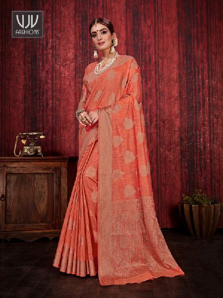 Orange Color Linen Silk Designer Saree, Occasion : Festival Wear, Wedding Wear