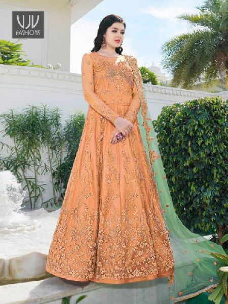 Orange Color Silk Designer Anarkali Suit, Size : M, XL
