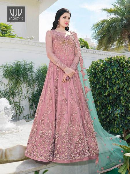 Pink Color Net Designer Anarkali Suit, Size : M, XL