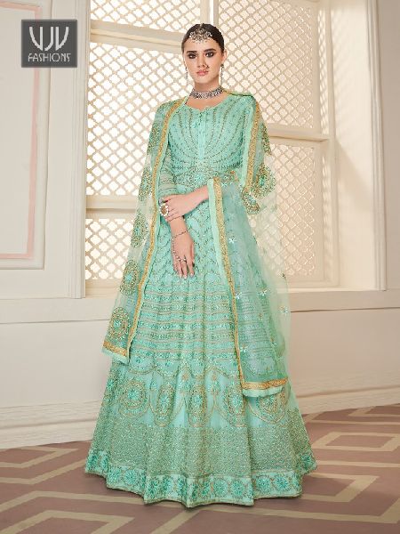Turquoise Color Georgette Designer Anarkali Suit, Size : M, XL