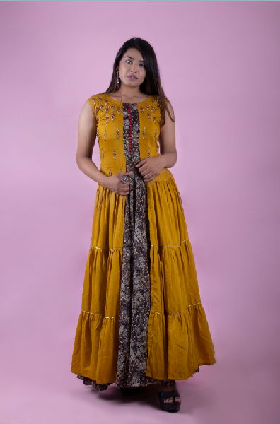 Dark brown long gown with beautiful gold prints deep back and tassels   Kurti Fashion