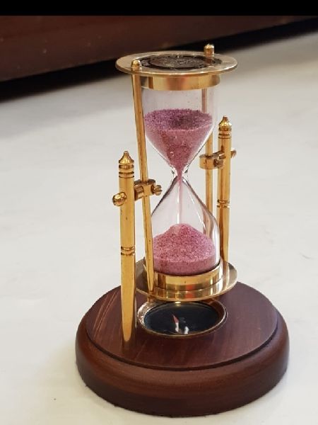 Brass Hanging Antique Sand Timer with Compass On Wooden Base Hour Glass Clock