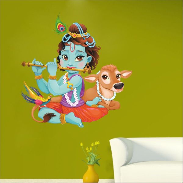 Lord Krishna Flute Playing With Cow Custom Wall Sticker