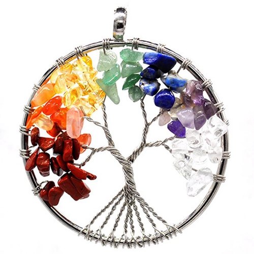 Metal with stone studded 7 Chakra Tree Pendant, Color : Multicolor