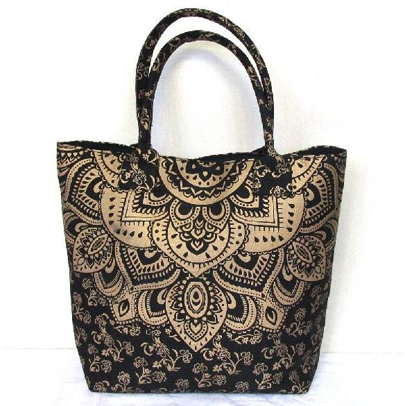 Black Gold Mandala Printed Cotton Handbag