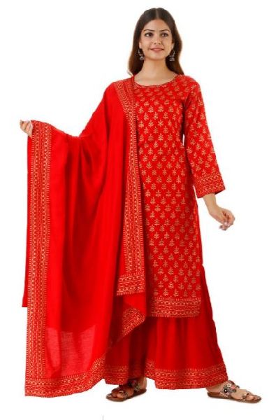 Rayon Red Kurti Sharara Set, Size : M, L, XL, XXL