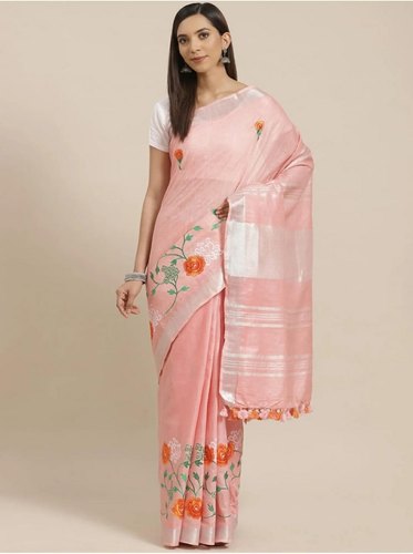 Unstitched Linen Embroidery Sari, Occasion : Party wear