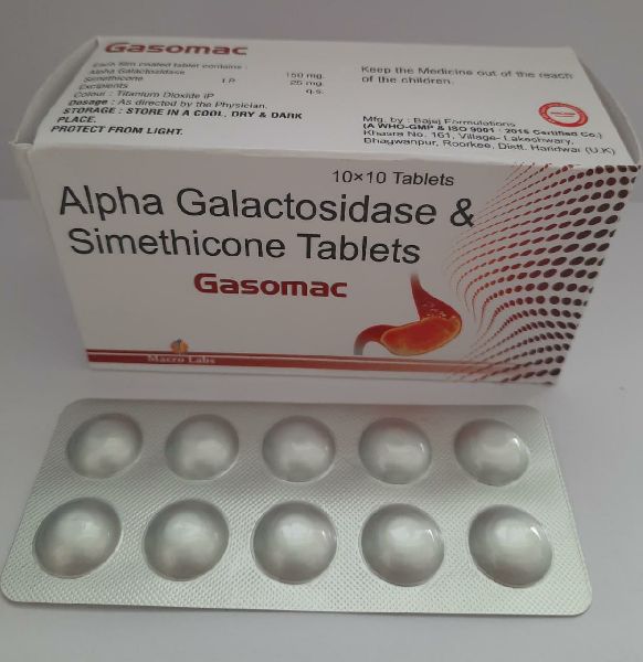 GASOMAC ALPHAGALACTOSIDASE 150MG+SIMETHICONE 25MG TAB, Color : WHITE