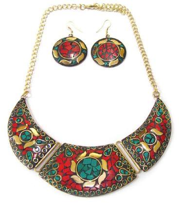 Multi Colour Stone Polished Brass Base Necklace Set, Packaging Type : Plastic Box