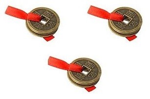 FENG SHUI THREE LUCKY CHINESE COINS TIED WITH RED RIBBON