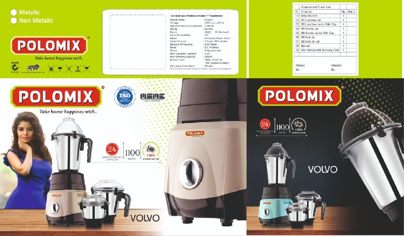 POLOMIX VOLVO 1100W MIXER GRINDER WITH 3 STAINLESS STEEL JARS